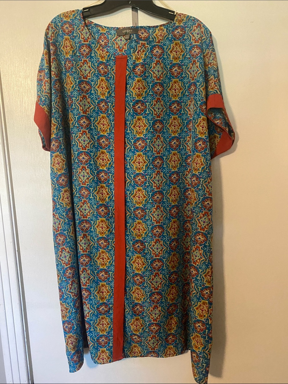 Umgee Blue Tile-Print Midi Dress with Rust Trim